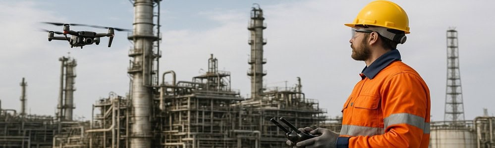 Drone de inspeção industrial sobrevoando equipamento