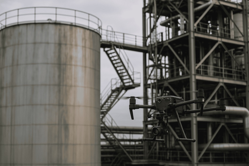 Drone em inspeção de estrutura industrial