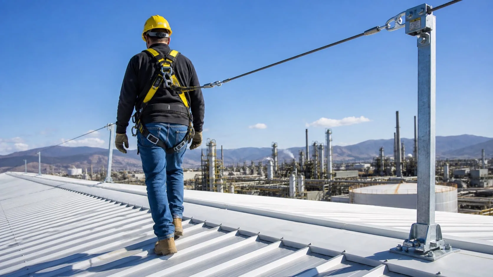 Sistema de linha de vida horizontal instalado em cobertura industrial