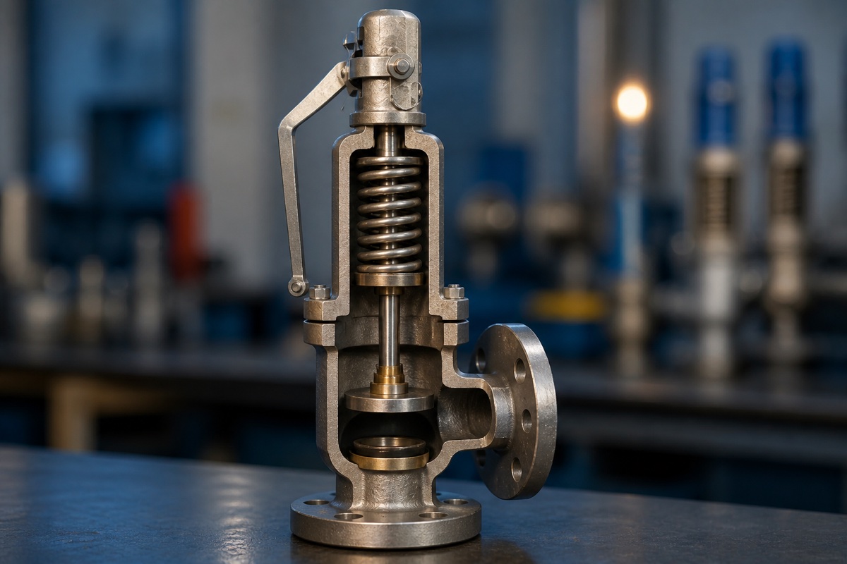 Válvula de segurança industrial em corte — mola, spindle e disco visíveis, bancada de manutenção NR-13