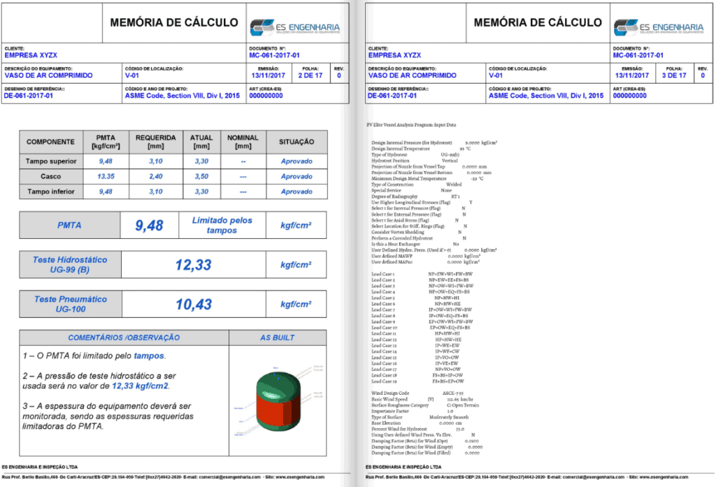 Memória de cálculo — prontuário NR-13